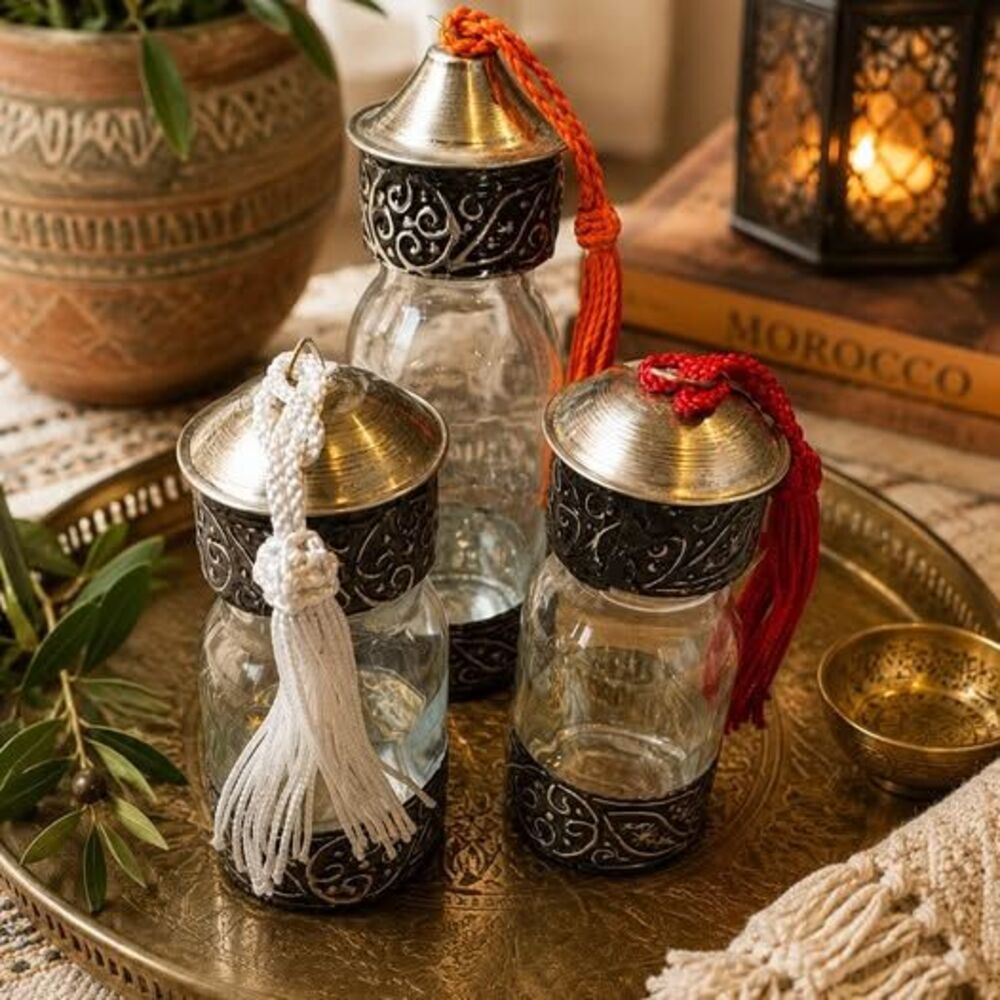 Set of 3 Moroccan Glass Bottles with Metal Detail & Tassels